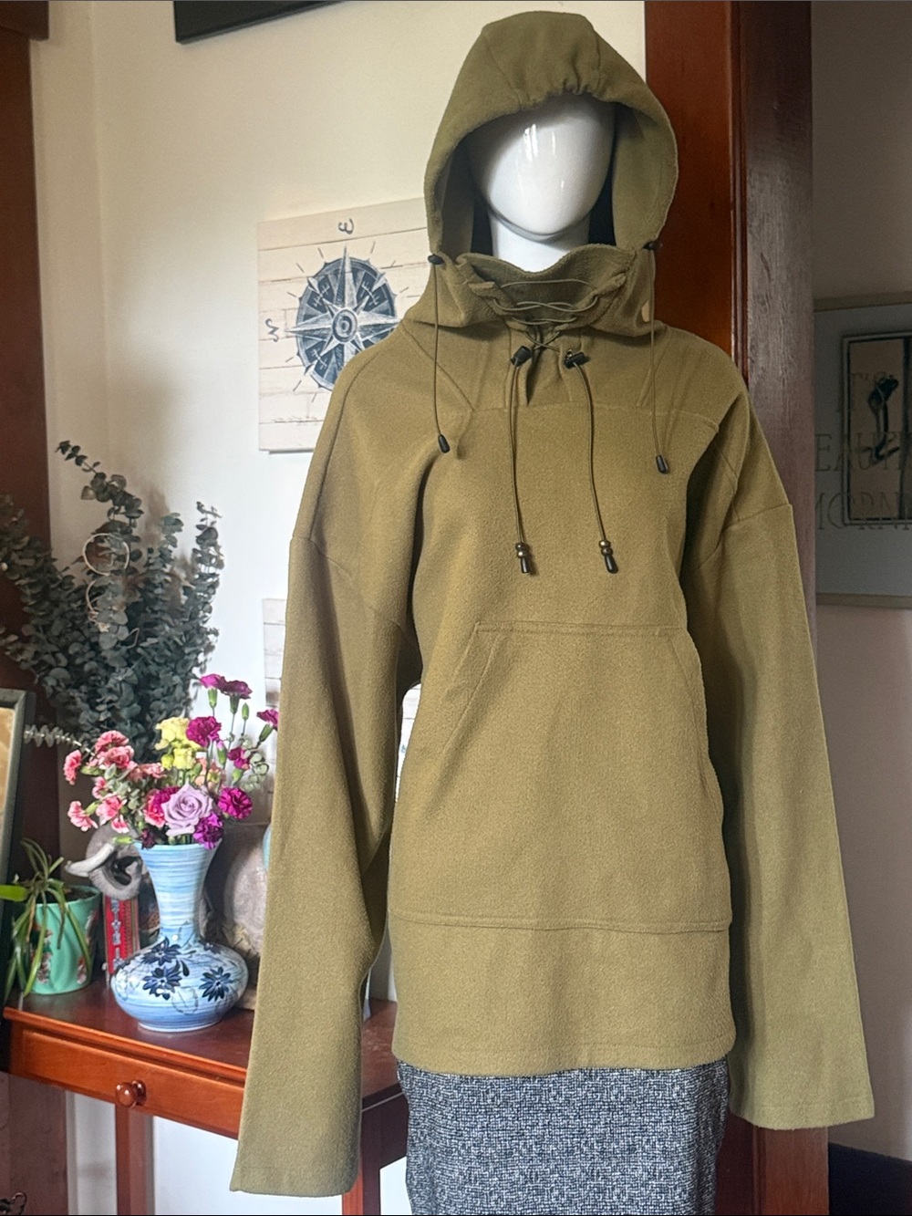 Oversized XL Olive Green Fleece Hooded Pullover
